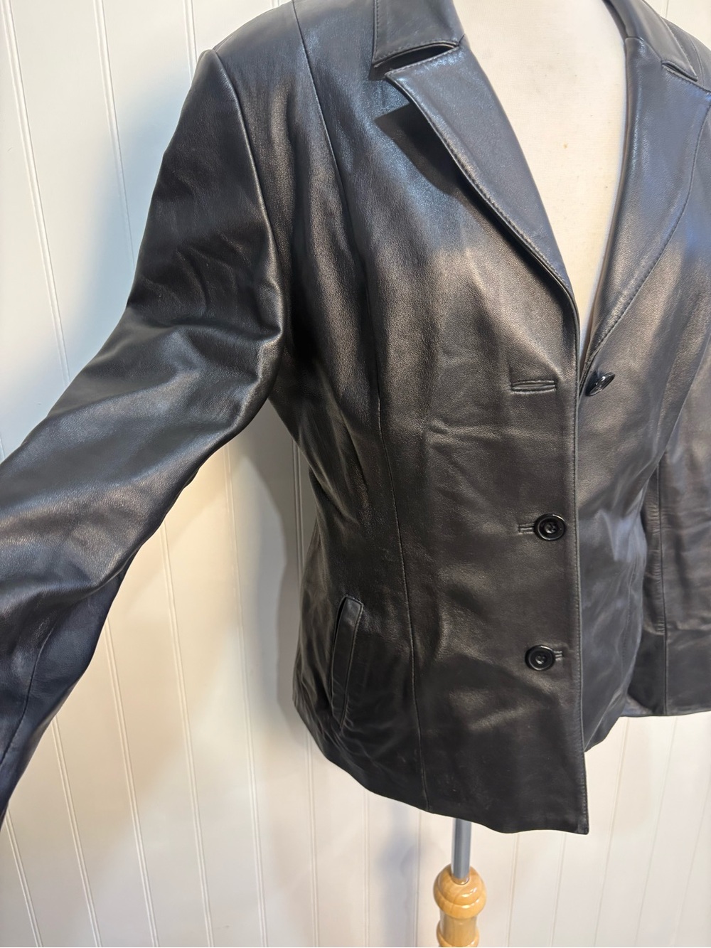 Vintage Black Genuine Leather Jacket Women’s Tailored Minimalist 90s Coat 12 - Picture 2 of 13